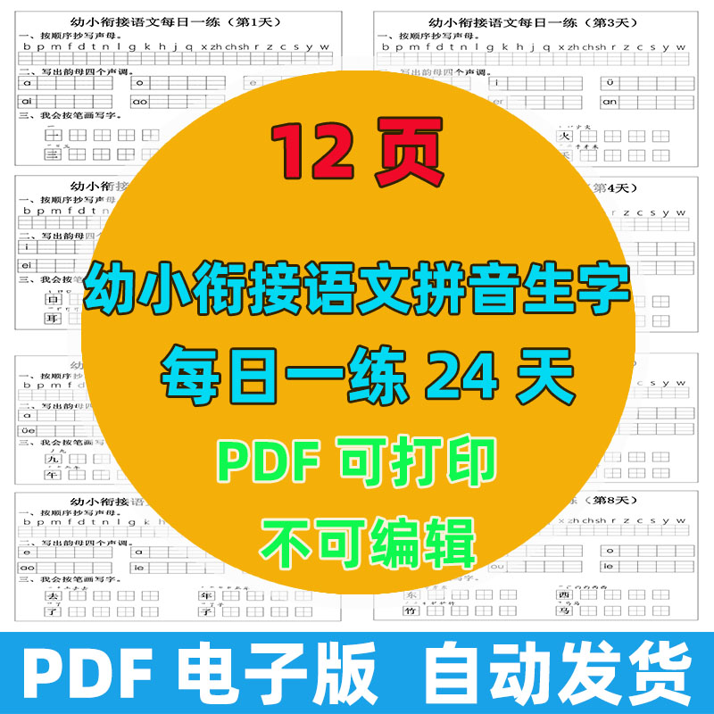 【12页高清版】幼小衔接语文拼音生字每日一练24天12页